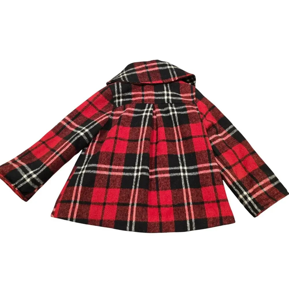 Baby Girl London Fog Red Plaid Wool Blend Full Zip Peacoat | Size 18 Months